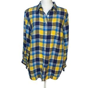 Lauren Ralph Lauren 100% linen yellow blue plaid roll tab sleeves size 1X